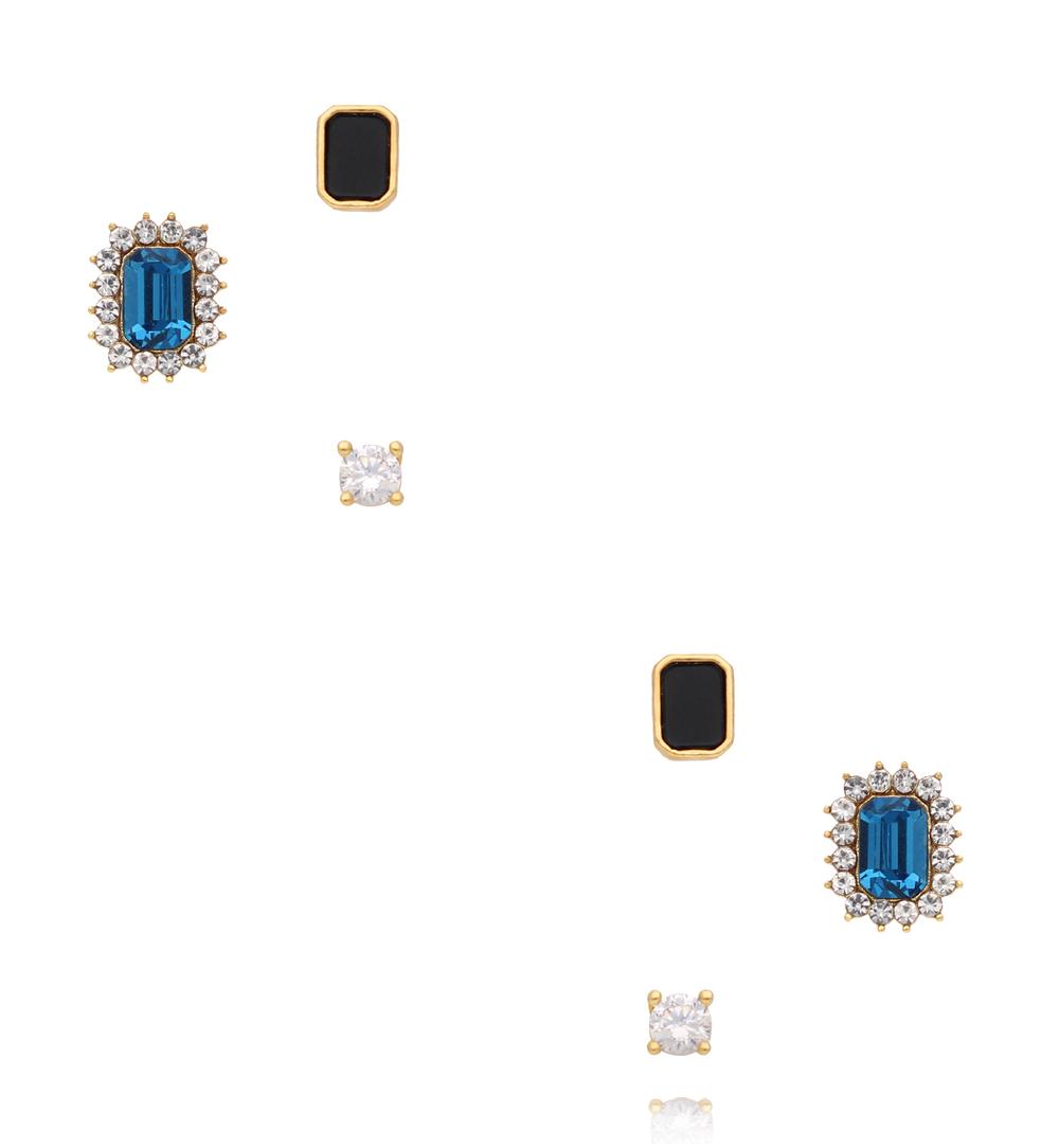 Zestaw kolczyków złoconych z niebieskim kamieniem, czernią i cyrkoniami KMB0003