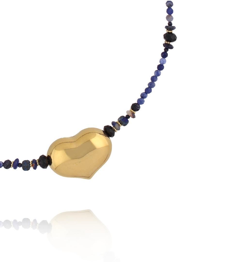 Naszyjnik z sodalitu i czarnego agatu z pozłacanym sercem  NPA1549
