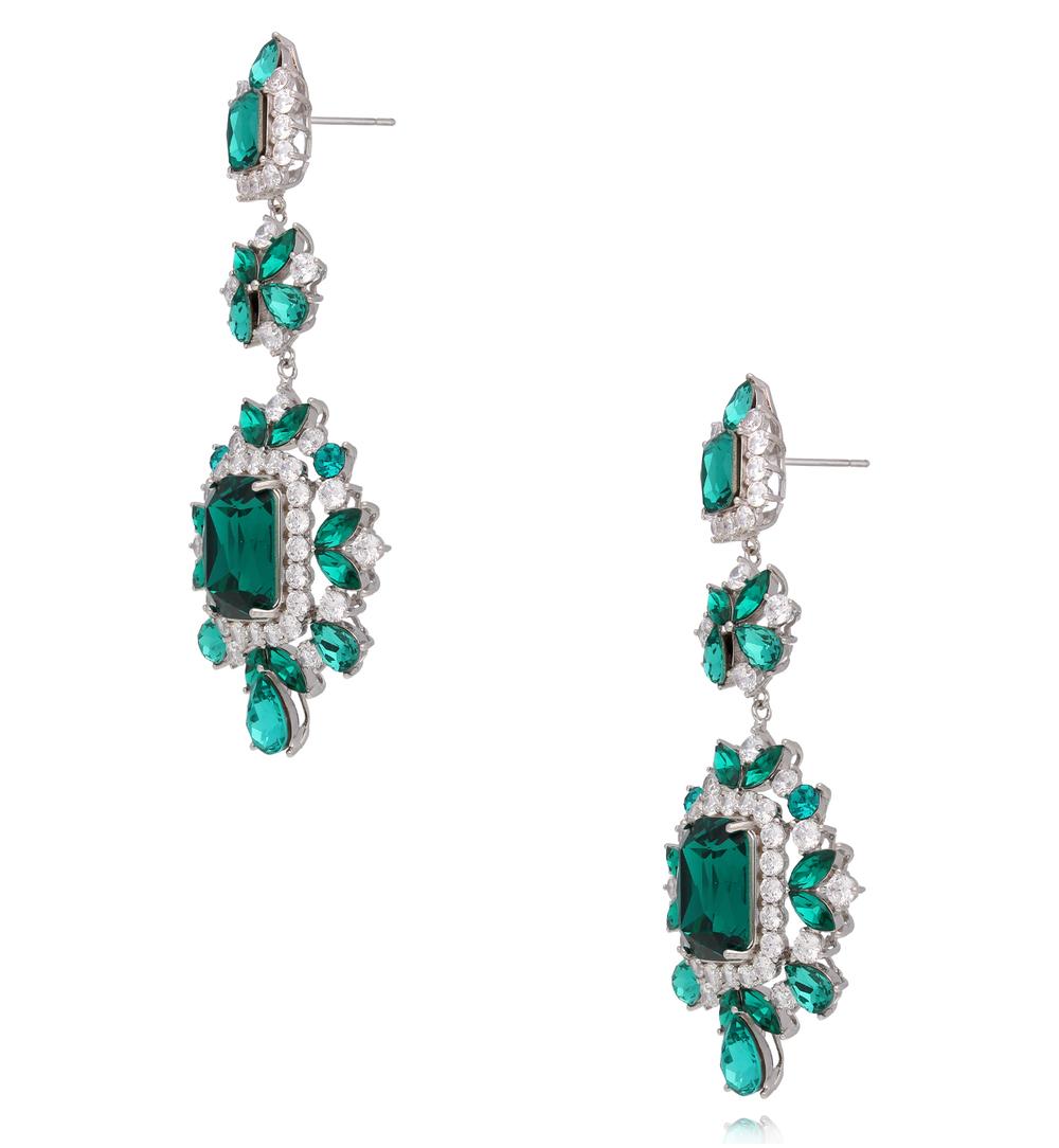 Kolczyki z zielonymi kryształami i cyrkoniami w srebrnym wykończeniu KSS2252