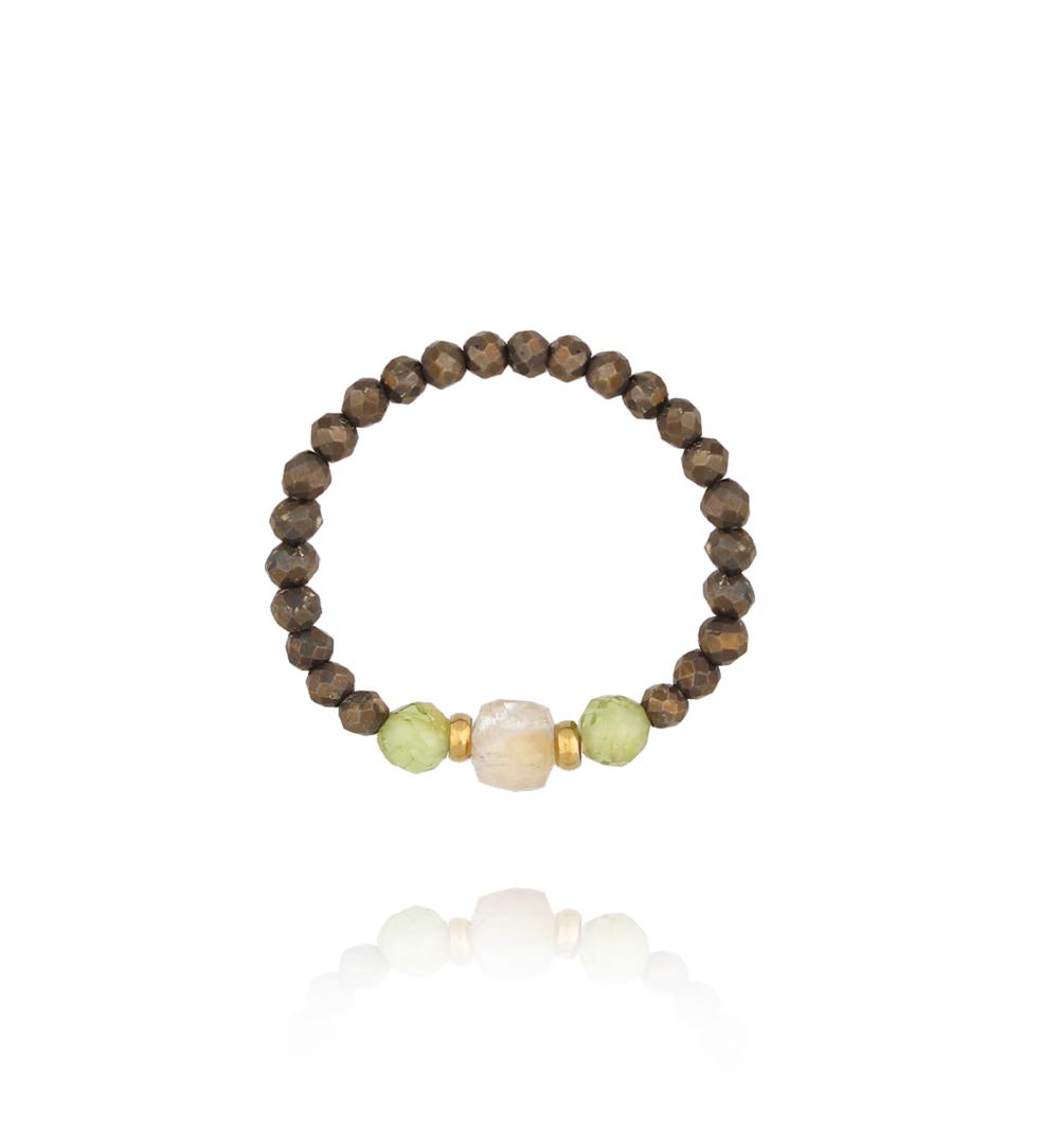 Pierścionek elastyczny z oliwinami cytrynami i pirytami PTW0592