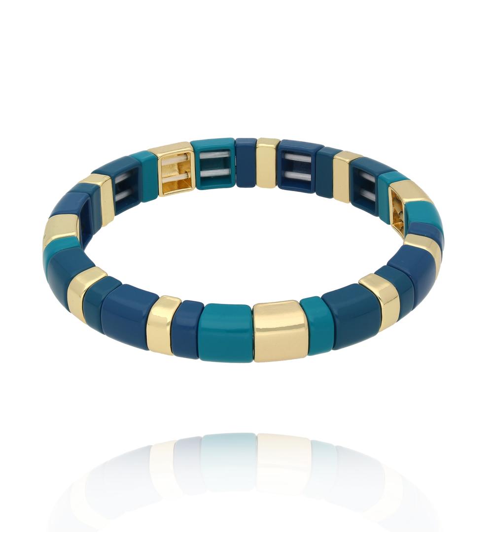 Bransoletka elastyczna w odcieniu turkusu, granatu i złota BCR0075