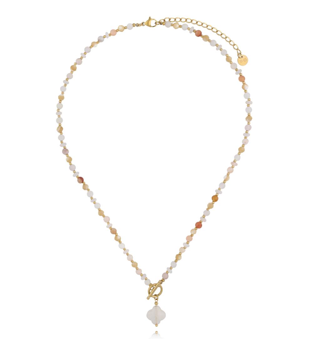 Naszyjnik z muszli i białego jadeitu z zawieszką koniczynki NPA1611