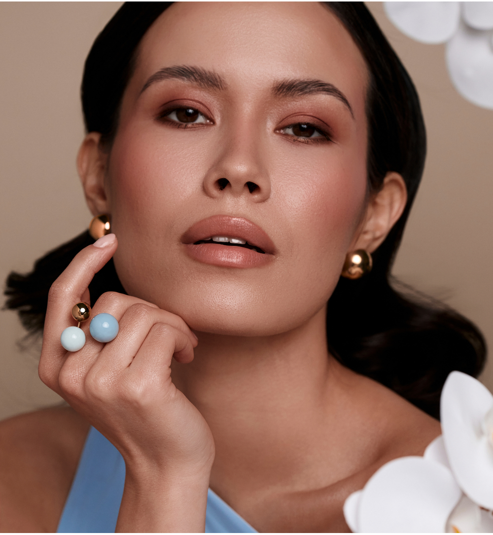 Pierścionek z kulami w odcieniach błękitu i złota PSA1113