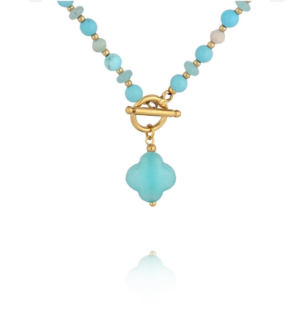 Naszyjnik z amazonitu i niebieskiego jadeitu z zawieszką koniczynki NPA1617