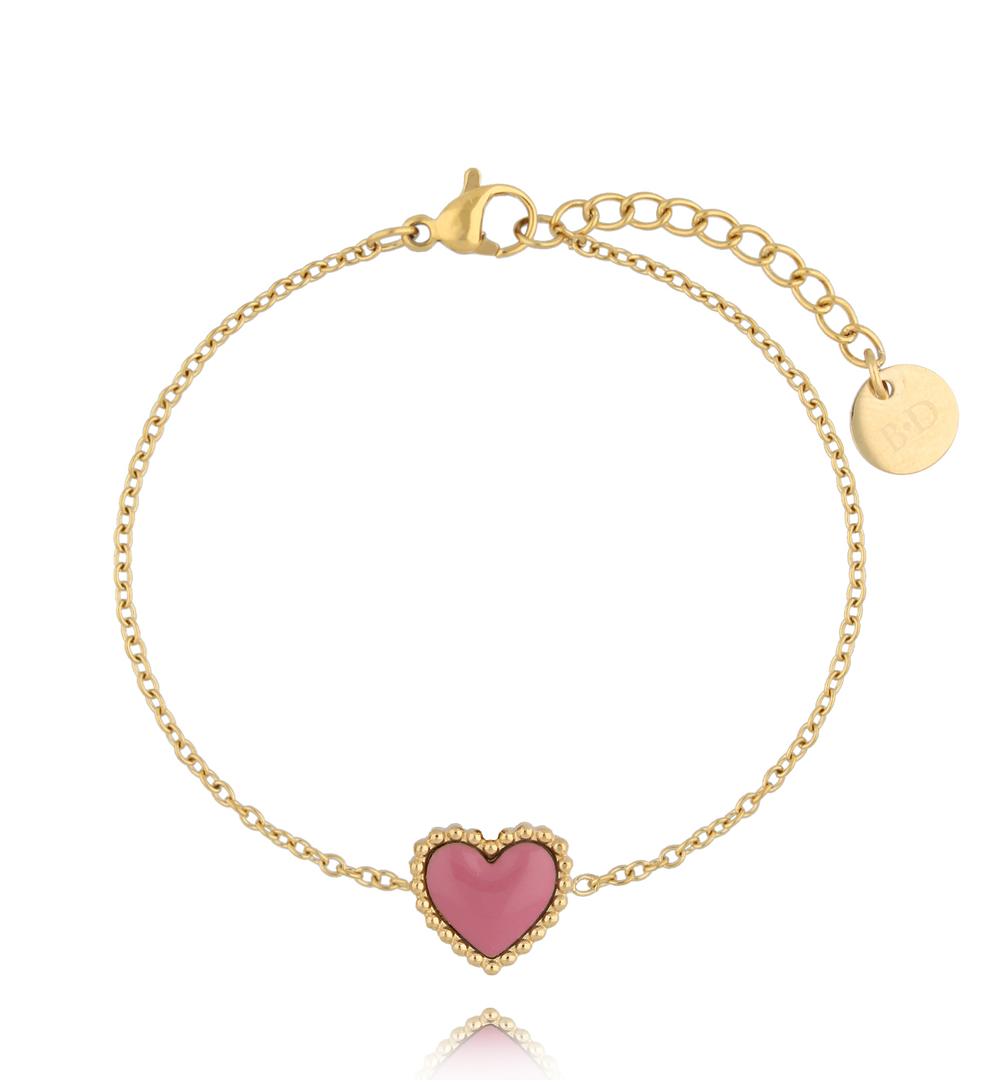 Bransoletka złota z sercem i różową emalią Enamel Heart BSA0597