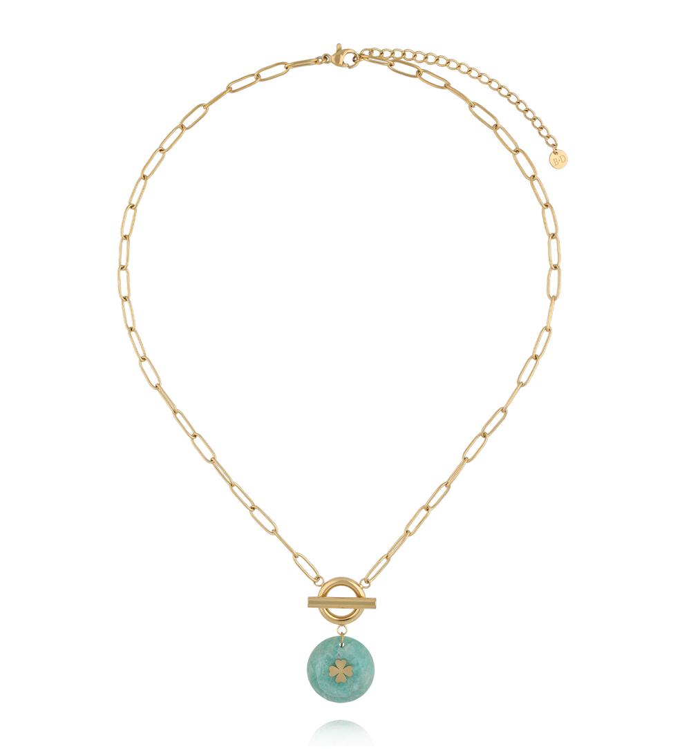 Zestaw złotych naszyjników z turkusowo-błękitnymi kamieniami i zawieszką z koniczyną ZN0116