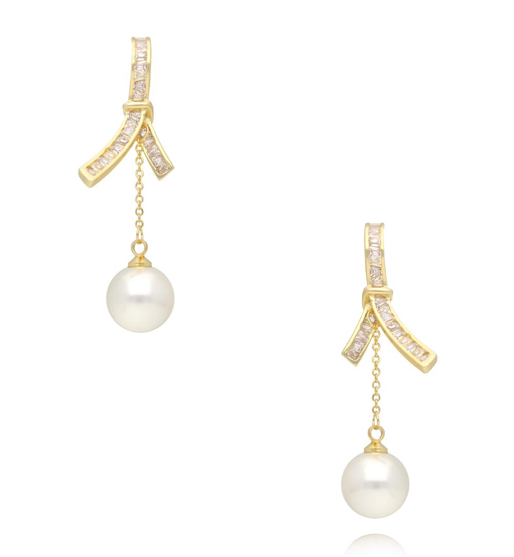 Kolczyki z kokardką, łańcuszkiem i perłą KPE0216