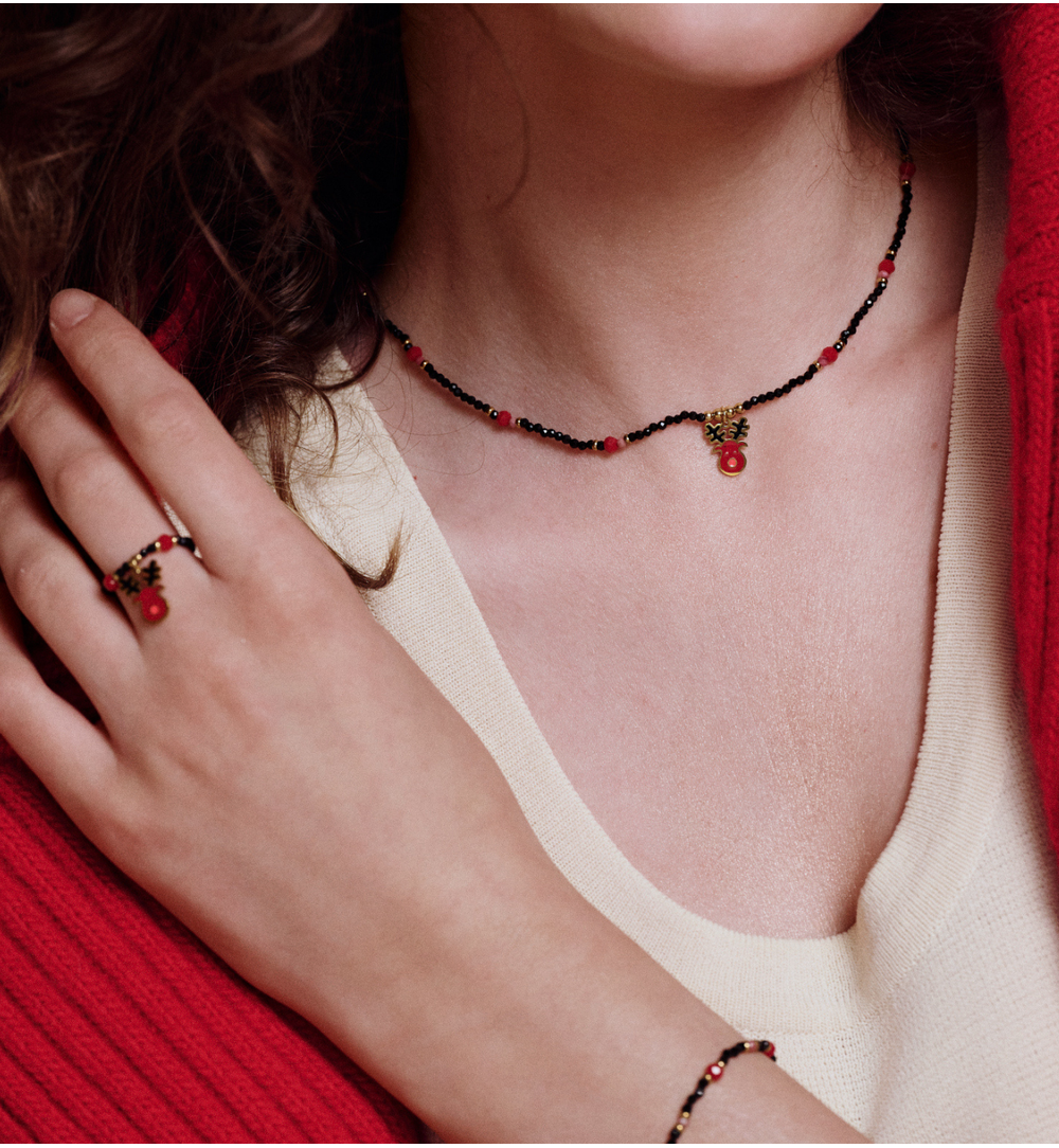 Pierścionek elastyczny czarno czerwony z reniferem PTW0525