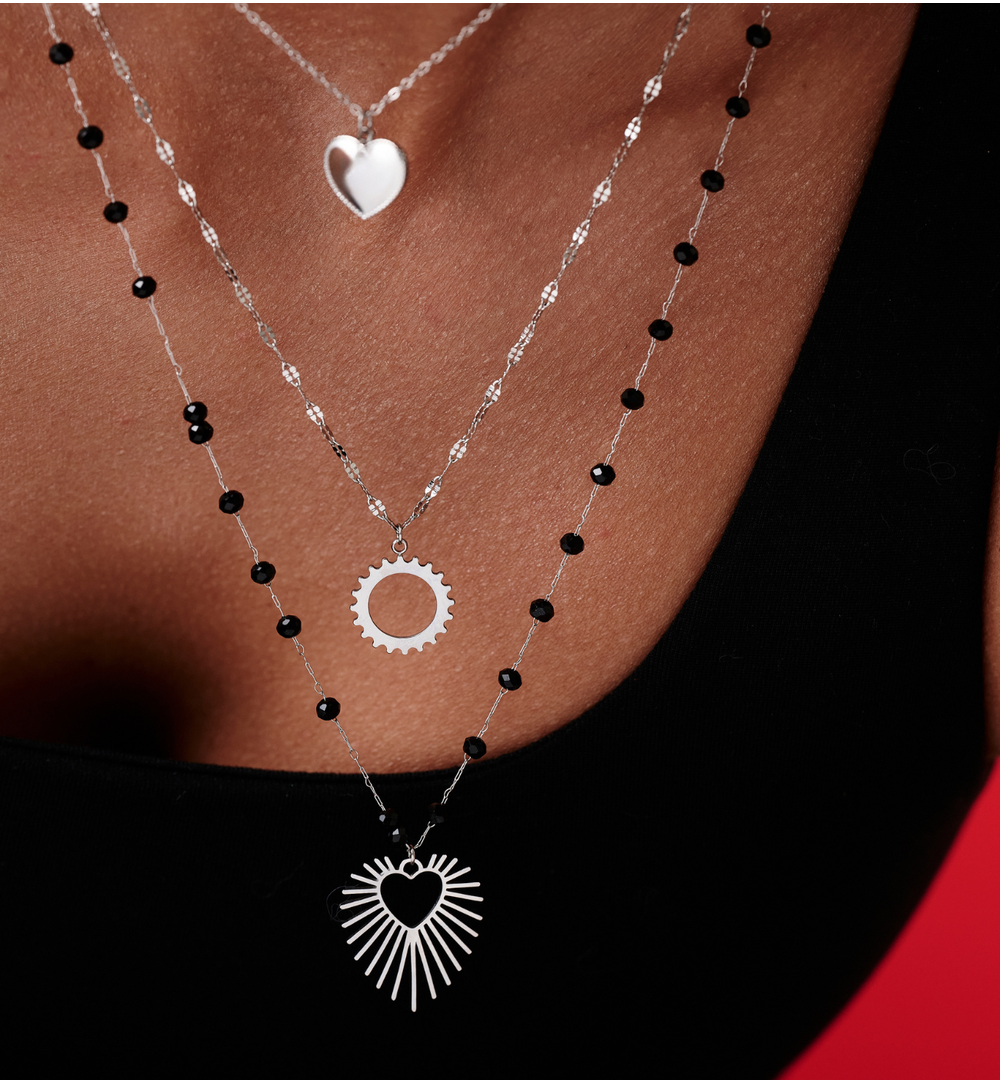 Naszyjnik srebrno czarny z sercami Pour Jamais NSY0147