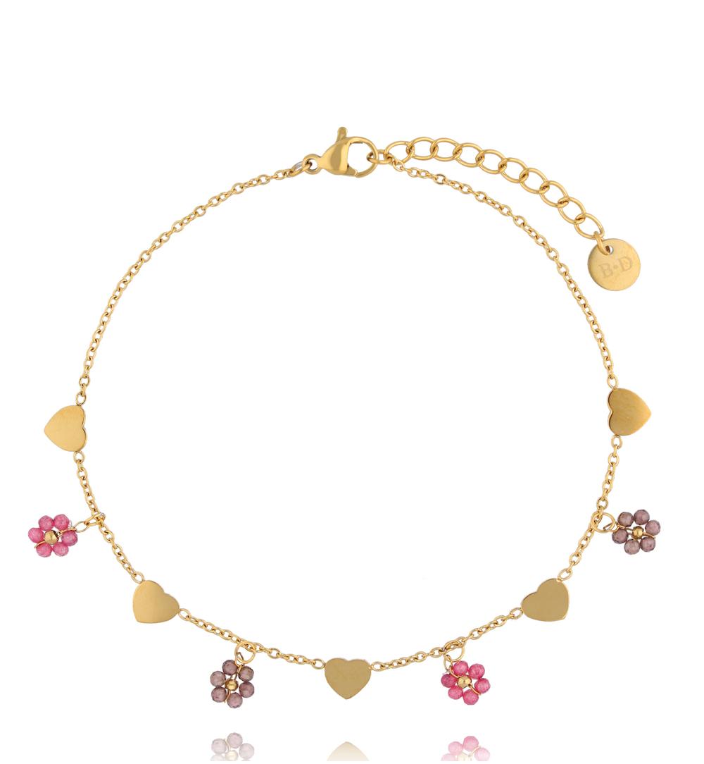 Bransoletka na nogę z serduszkami i kolorowymi kwiatami BNTW0107