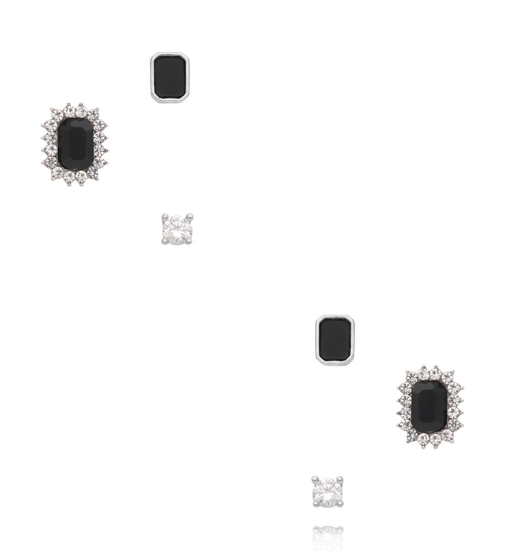 Zestaw kolczyków w srebrnym odcieniu z czarnymi cyrkoniami KMB0001