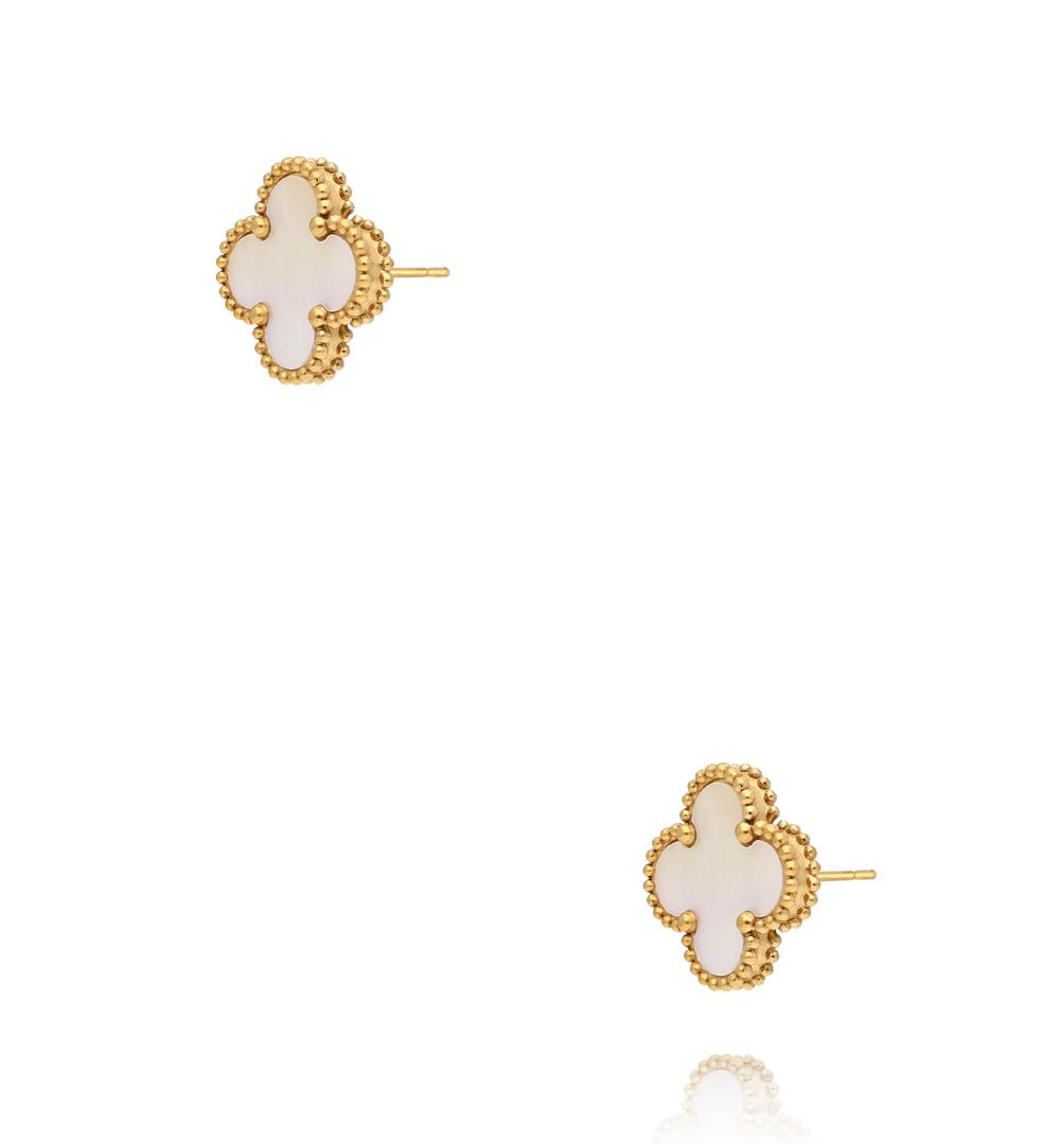 Kolczyki koniczynki z masą perłową w złotej oprawie KSY0662