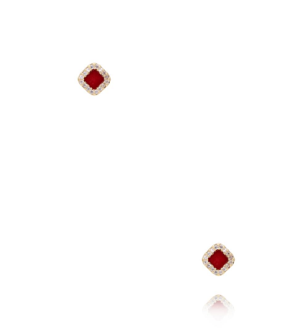 Zestaw złoconych kolczyków z bordowym detalem i cyrkoniami KMB0032