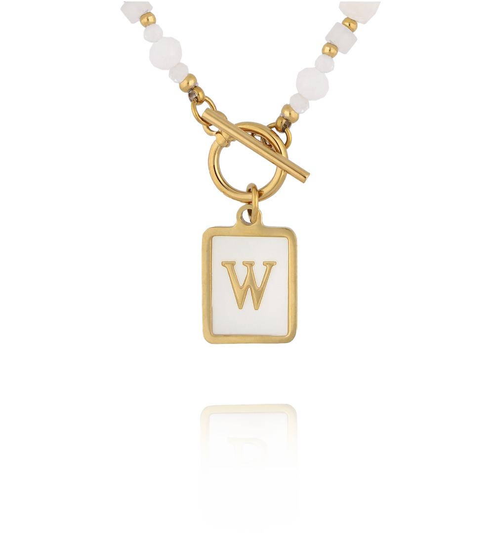 Naszyjnik z kamieni księżycowych i jadeitów z zawieszką z literą W NTW1608