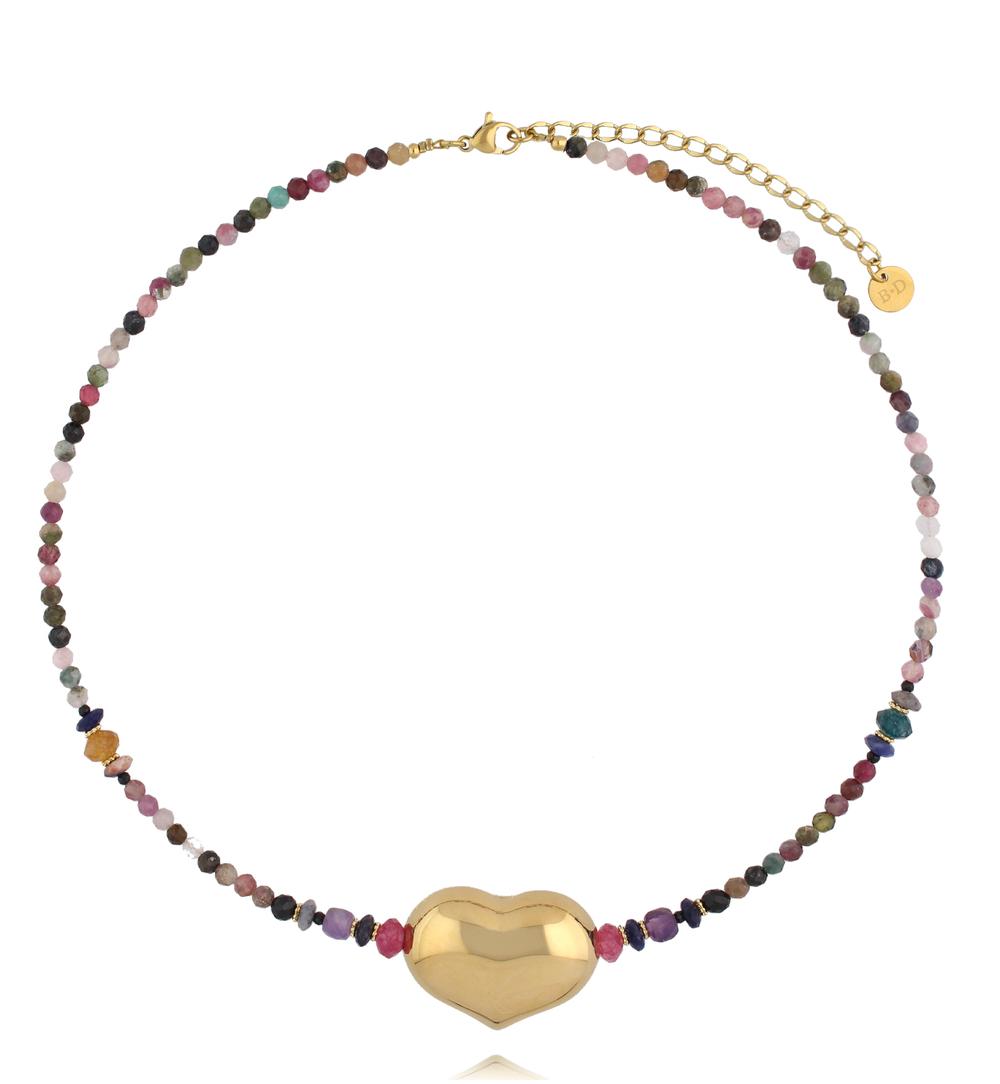 Naszyjnik z turmalinu, sodalitu i jadeitu z pozłacanym sercem NPA1546