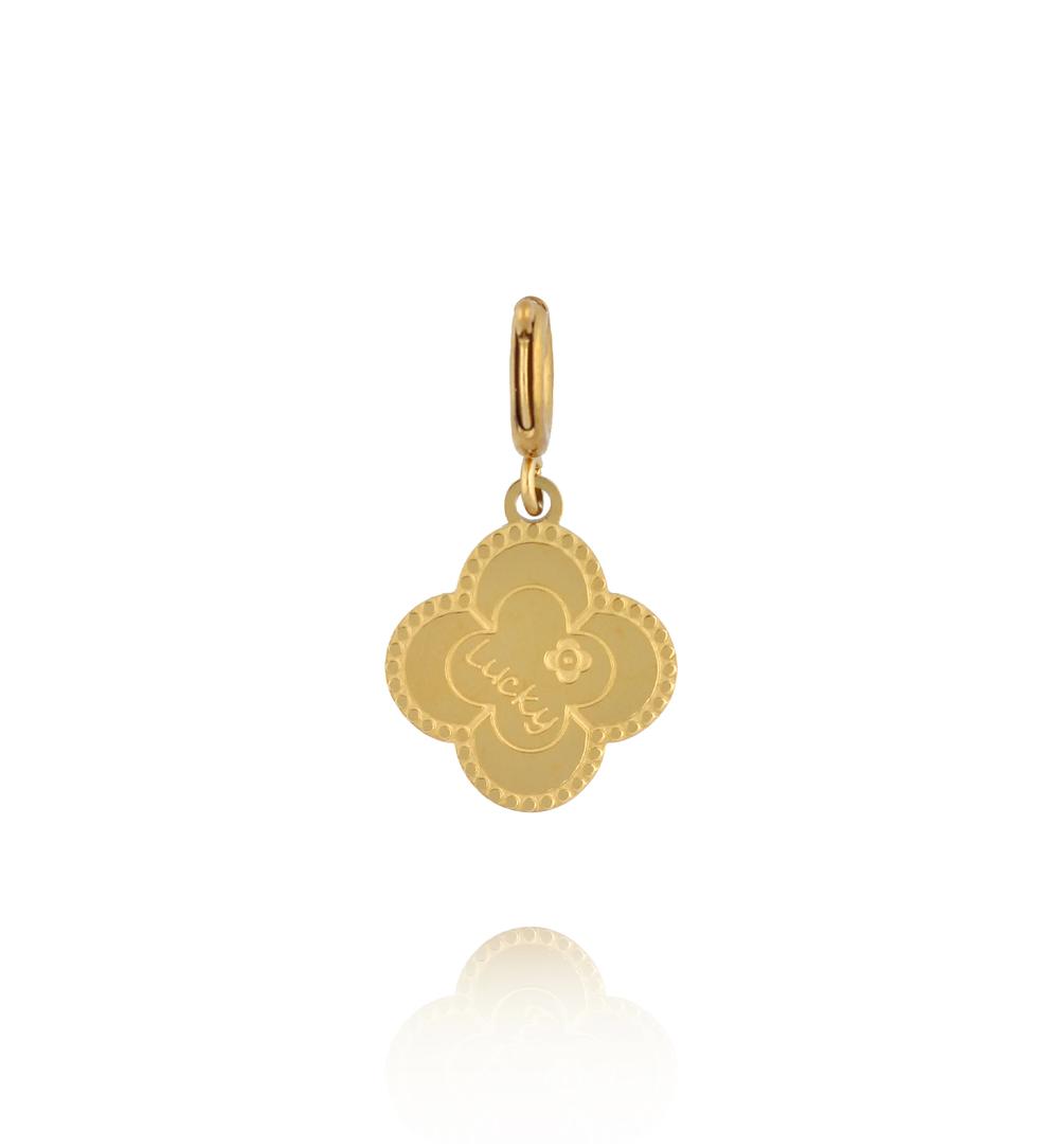 Charms złota koniczynka z napisem Lucky CHA0230