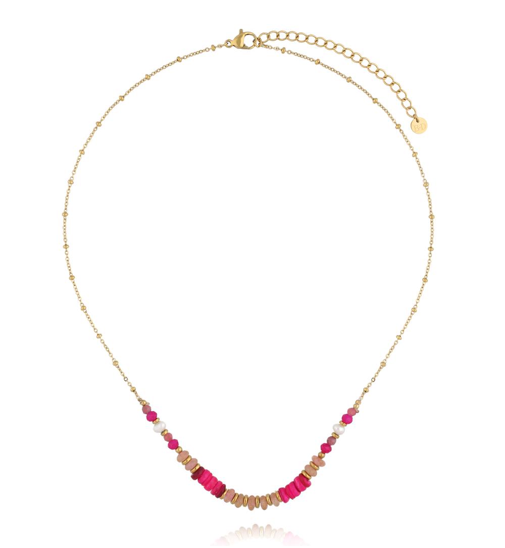 Zestaw złotych naszyjników z różowymi kamieniami i zawieszką z koniczyną ZN0118