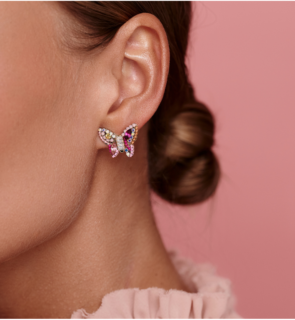Kolczyki motylki różowo-żółte z kryształkami KLU0145