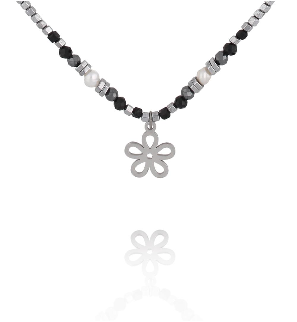 Naszyjnik z hematytu, czarnego turmalinu i pereł z zawieszką kwiatka NTW1618