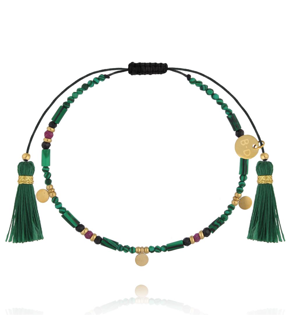 Bransoletka na sznurku z malachitu, turmalinu i rubinu z chwostami BTW3586