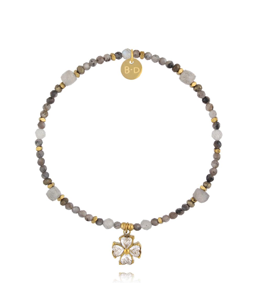 Bransoletka z labradorytu, hematytu i pirytu z koniczyną BTW3496