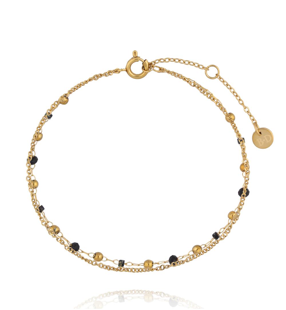 Bransoletka z podwójnym złotym łańcuszkiem i czarnymi agatami BEA0097