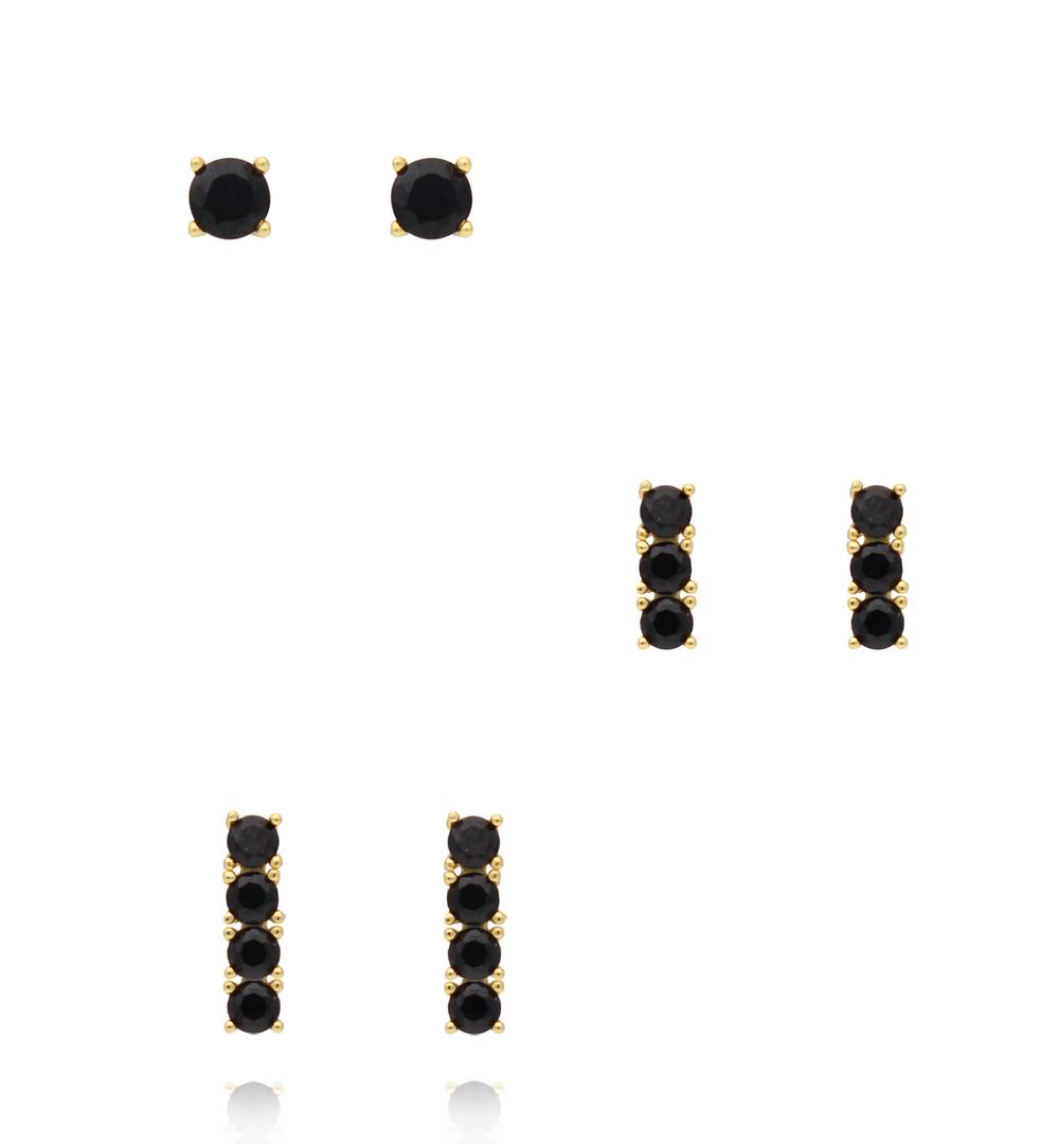 Zestaw kolczyków pozłacanych z czarnymi cyrkoniami KLT0044