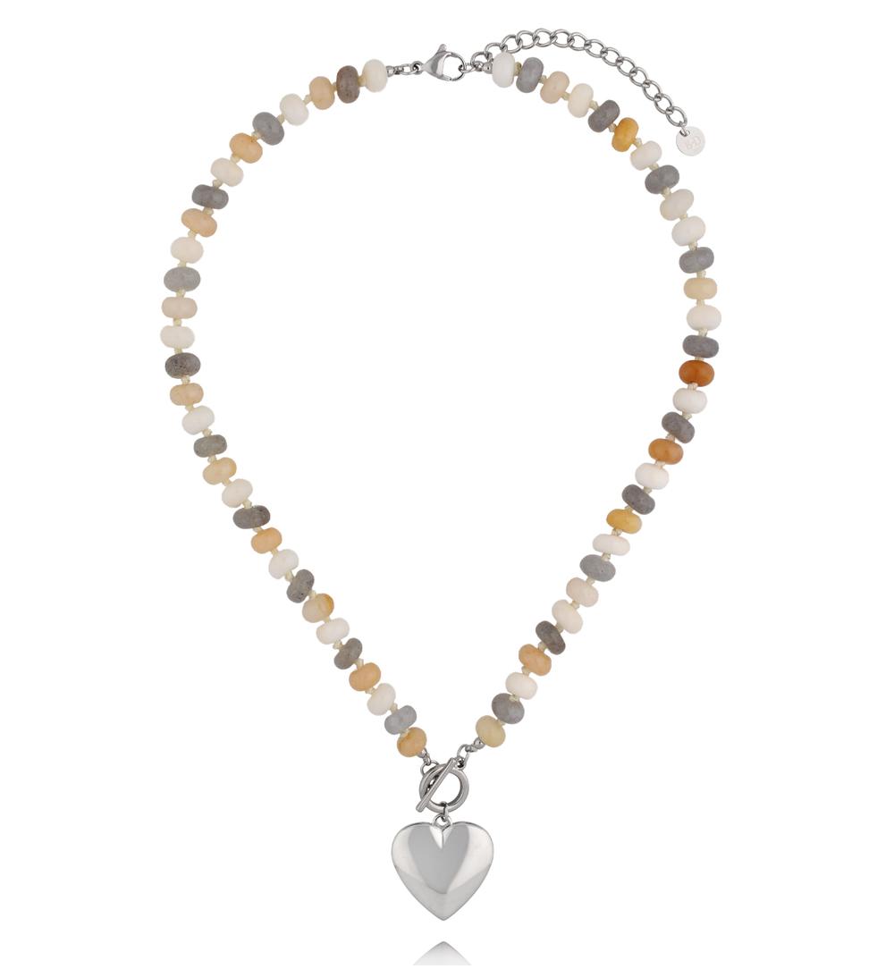 Naszyjnik z kamieni w odcieniach beżu i szarości z posrebrzanym sercem NPA1633