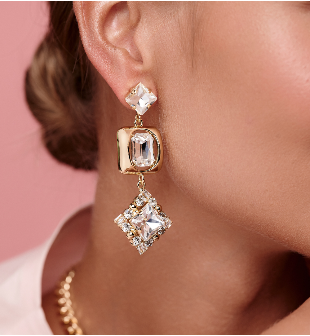 Kolczyki z geometrycznymi kryształami w złotej oprawie KSS2227