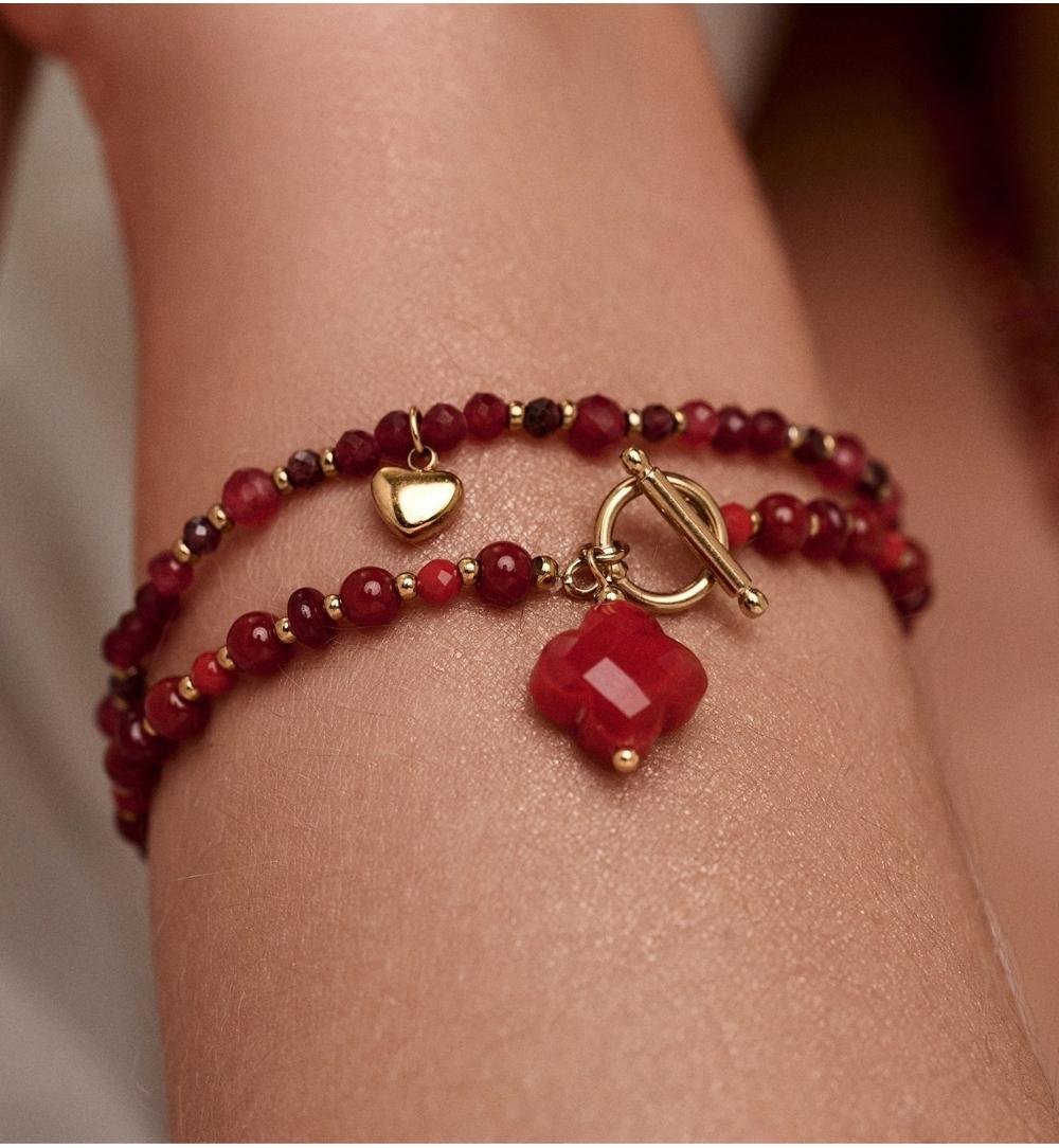 Zestaw biżuterii z bordowymi kamieniami i koniczynką ZN0231