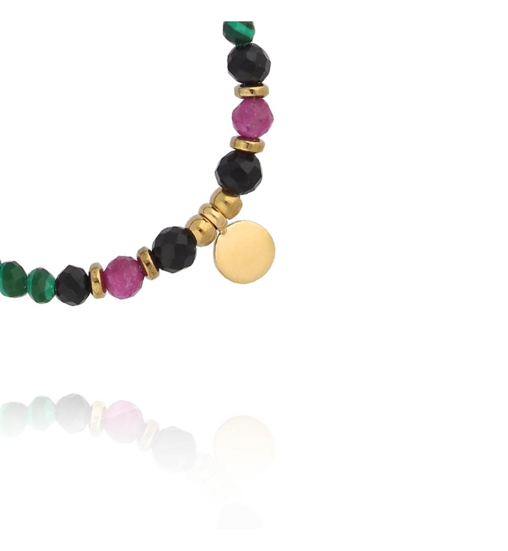 Pierścionek elastyczny z malachitem, czarnym turmalinem i rubinem PTW0631