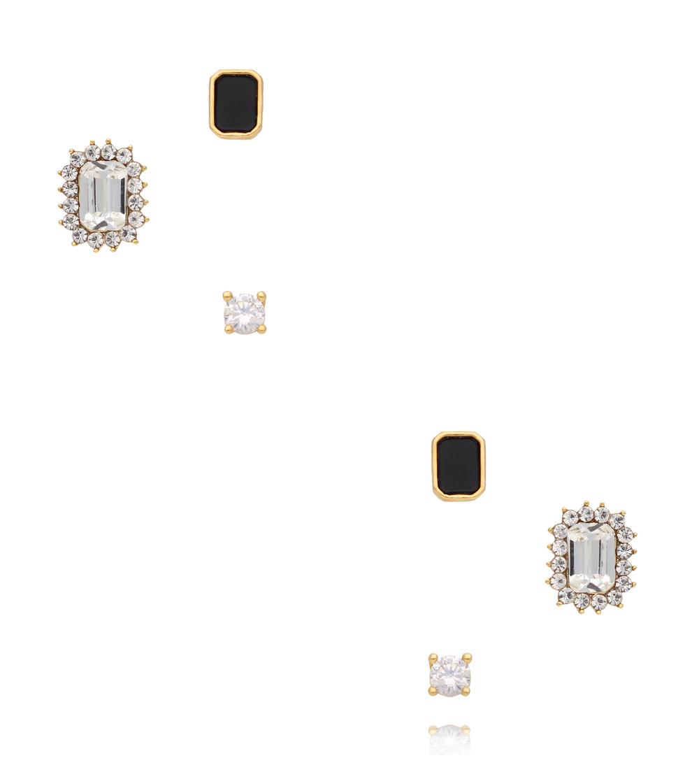 Zestaw kolczyków złoconych z czarnym kamieniem i cyrkoniami KMB0002