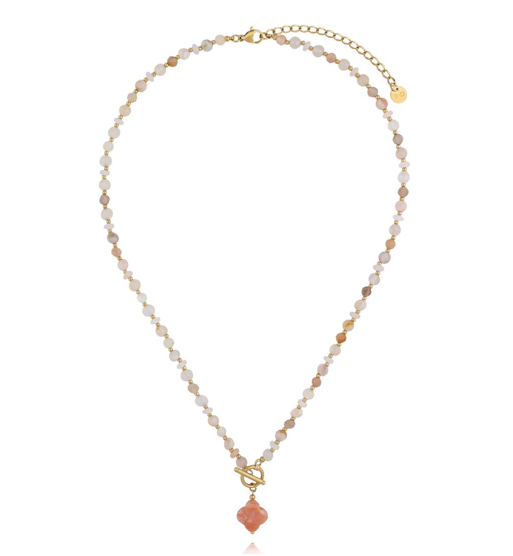 Naszyjnik z różowego awenturynu i opalu z zawieszką koniczynki NPA1612