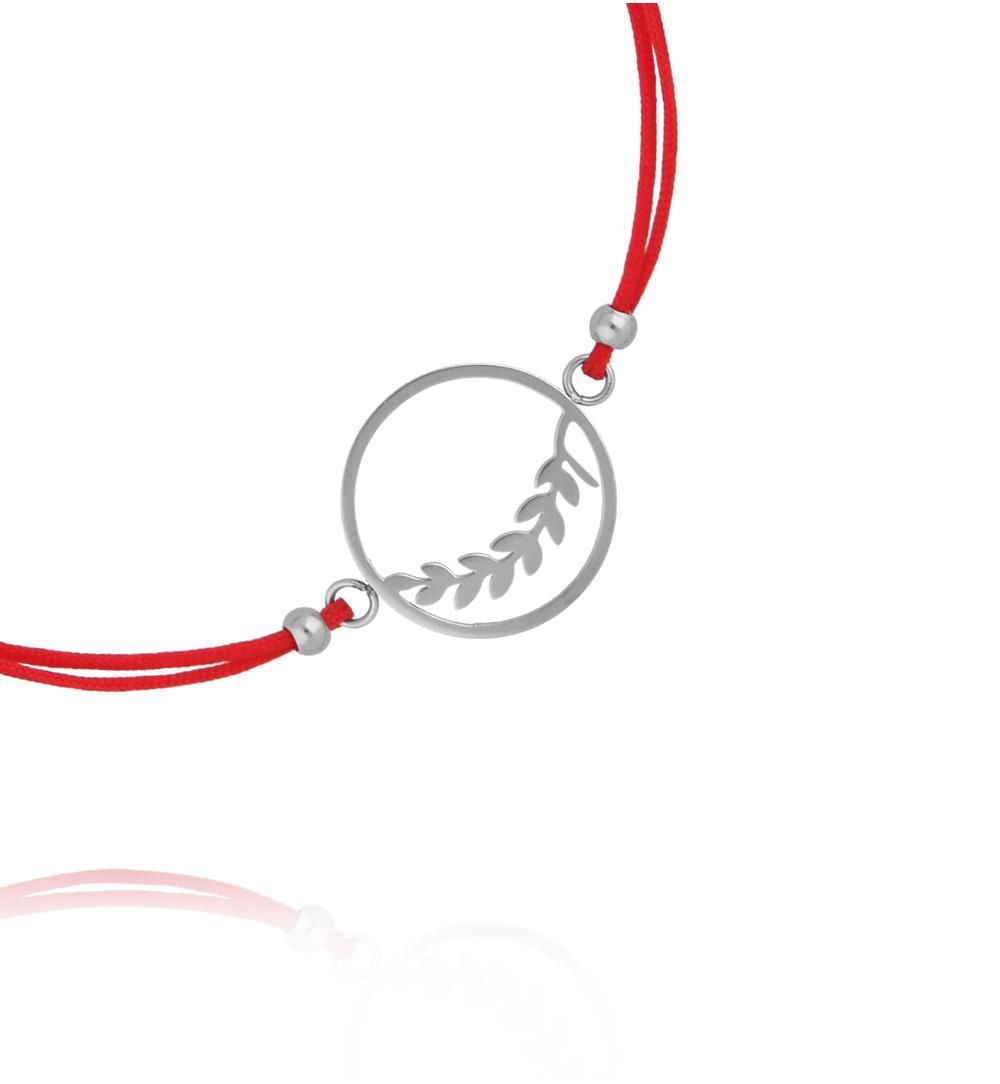 Bransoletka srebrna z czerwonym sznurkiem i listkami Feuilles BGL0836