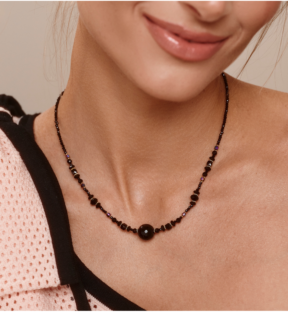 Naszyjnik z czarnego turmalinu, onyksu i szkła NPA1559