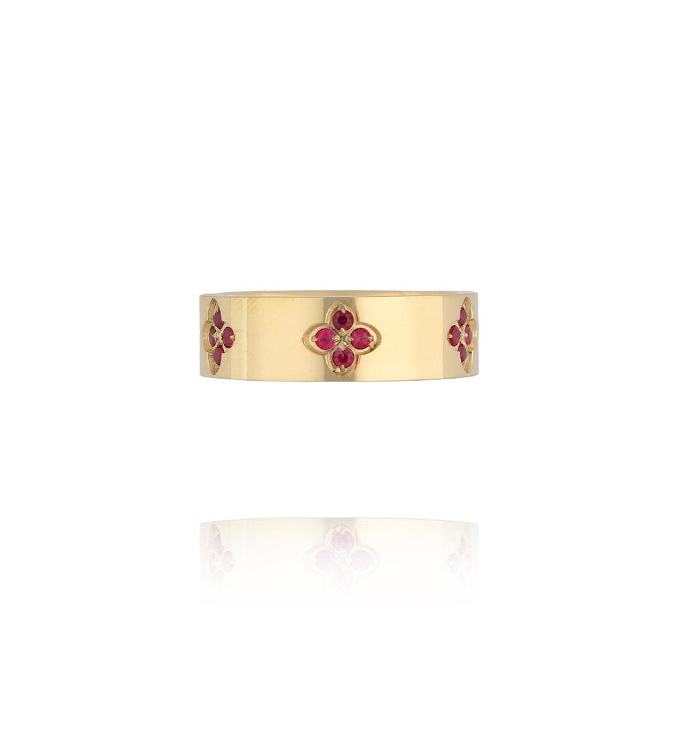 Pierścionek szeroki złoty z motywem koniczynki i cyrkoniami PSY0138