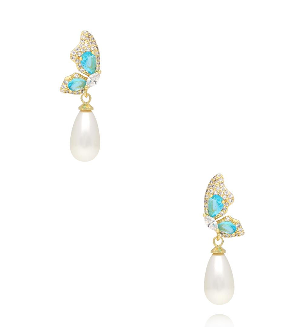 Kolczyki motyle z turkusowymi kryształkami i perłą KSS2247