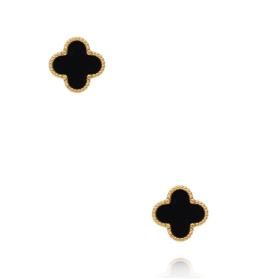 Kolczyki koniczynki z czarną emalią w złotej oprawie KSY0666