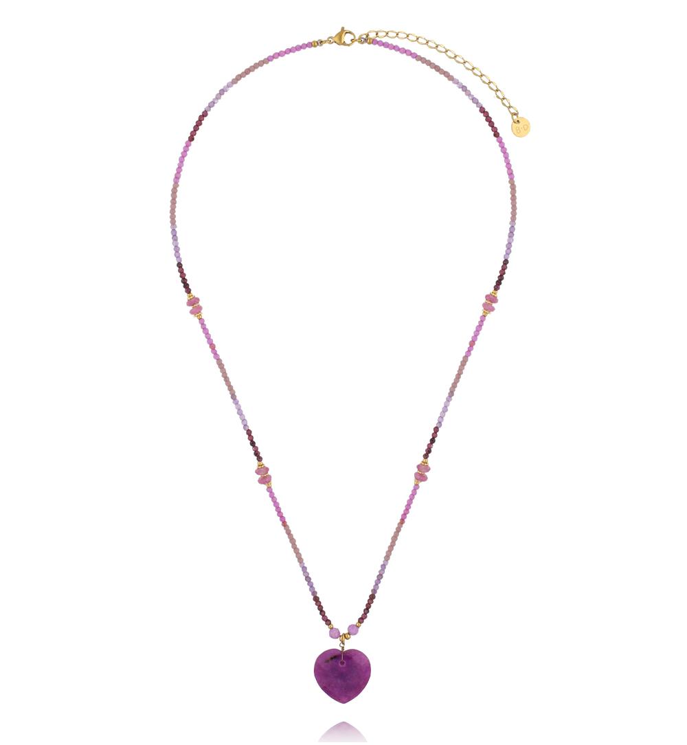 Naszyjnik z granatu, ametystu i rodochrozytu z sercem w odcieniu fioletu  NPA1552