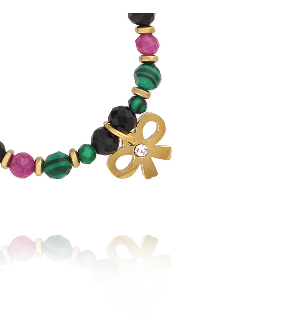 Pierścionek elastyczny z malachitem, turmalinem i rubinem z zawieszką kokardki PTW0629