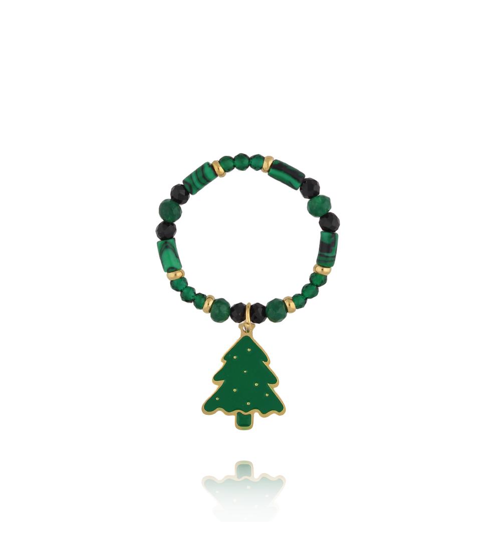 Pierścionek elastyczny zielony z choinką PTW0524