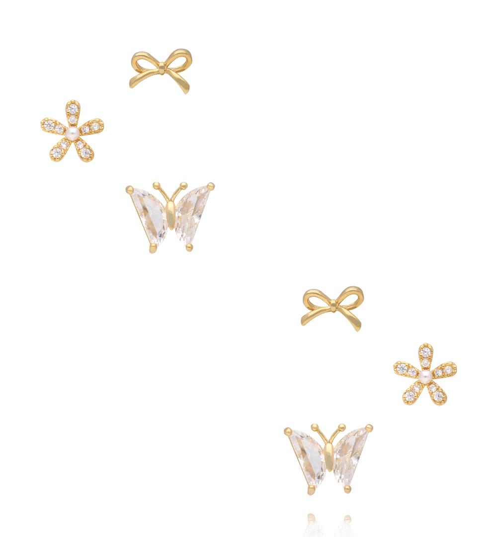 Zestaw złoconych kolczyków – kokardki, kwiatki i motylki KMB0010