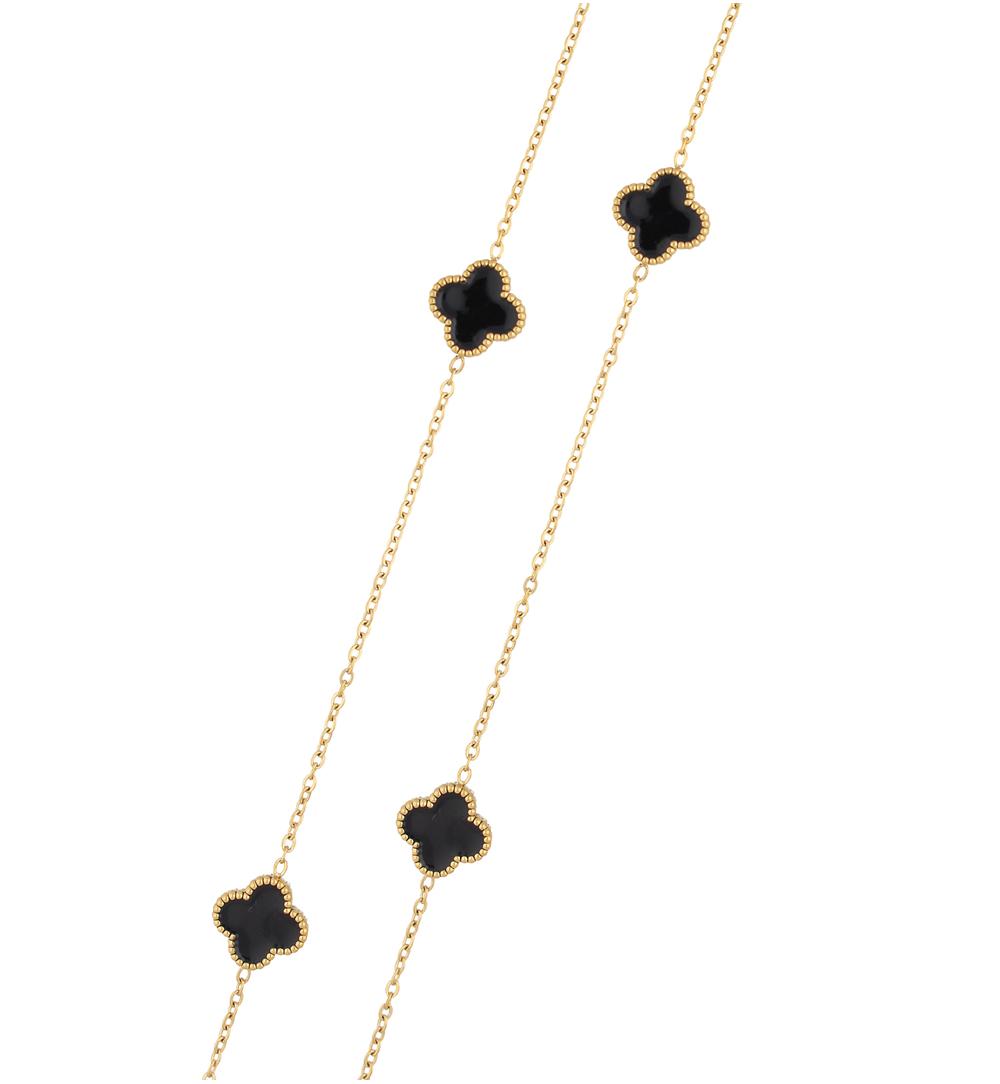 Naszyjnik długi z czarnymi koniczynkami w złotym wykończeniu NSA1533