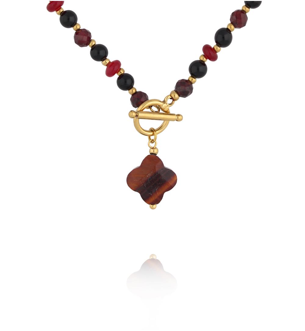 Naszyjnik z tygrysiego oka z zawieszką koniczynki NPA1626