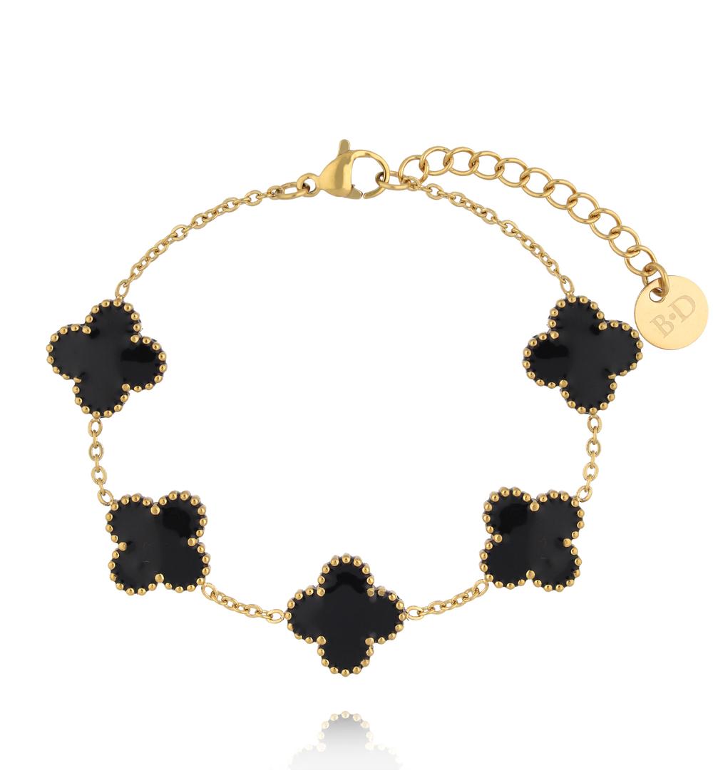 Bransoletka z czarnymi koniczynami w złotej oprawie BSA0996
