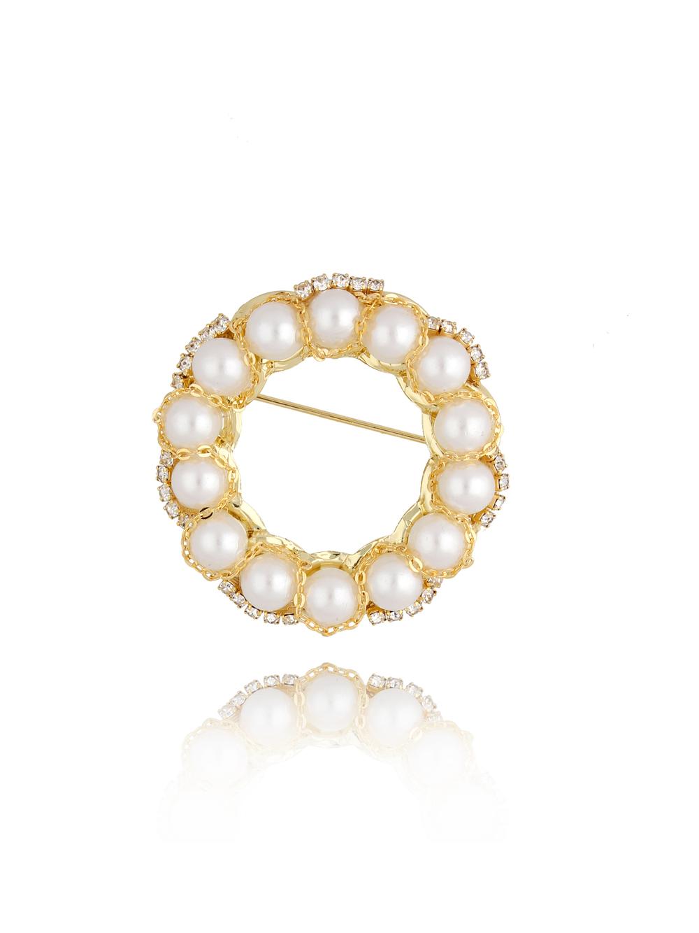 Broszka złota z perłami i kryształkami Classic Pearl BRPE0008