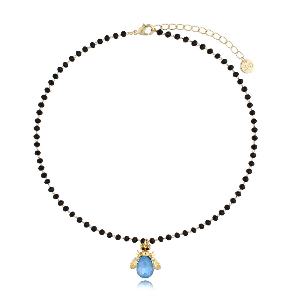 Naszyjnik z błękitnym opalizującym żukiem i kryształkami Tina NMI0157