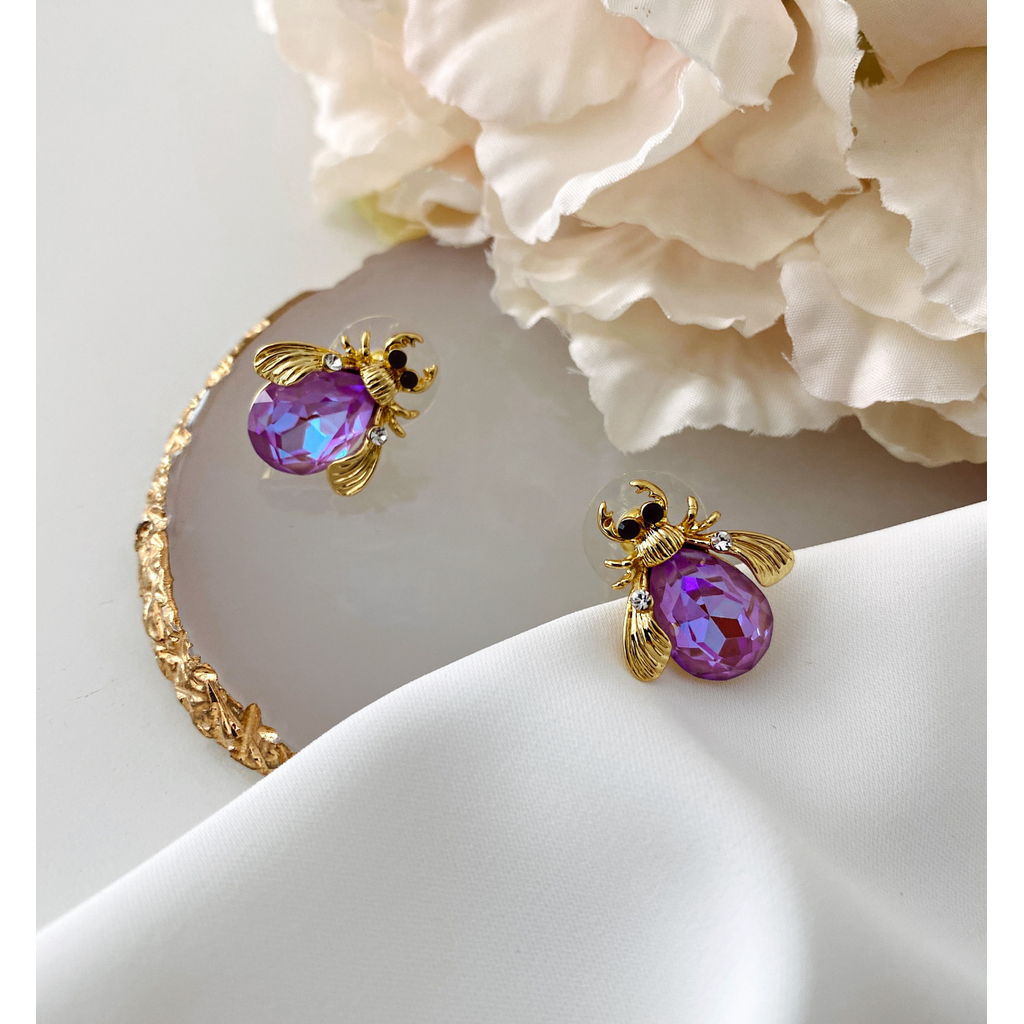 Kolczyki złote żuki z fioletowymi kryształkami KMI0123