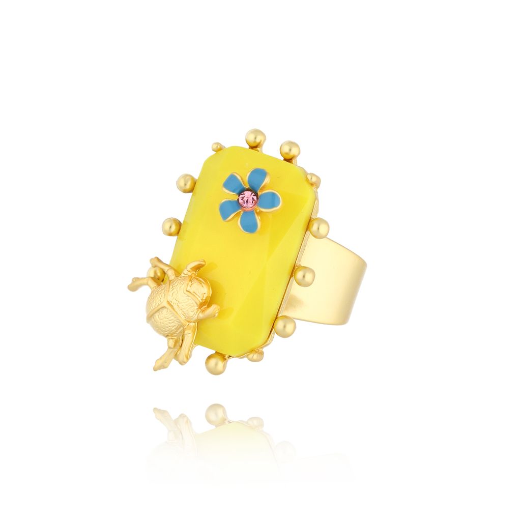 Pierścionek żółty z kwiatkiem i owadem Ubax PJO0007