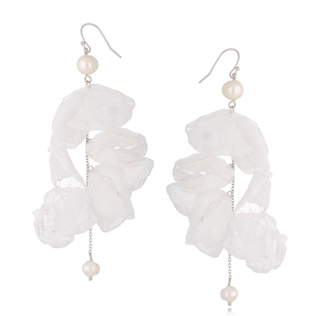 Kolczyki satynowe kwiaty białe z perełkami KBL0539